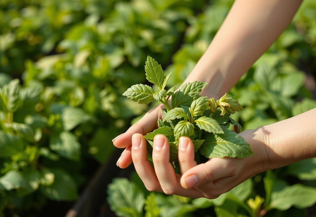 Farmers harvesting organic herbs in a lush, sun-drenched field with ethical practices visible.