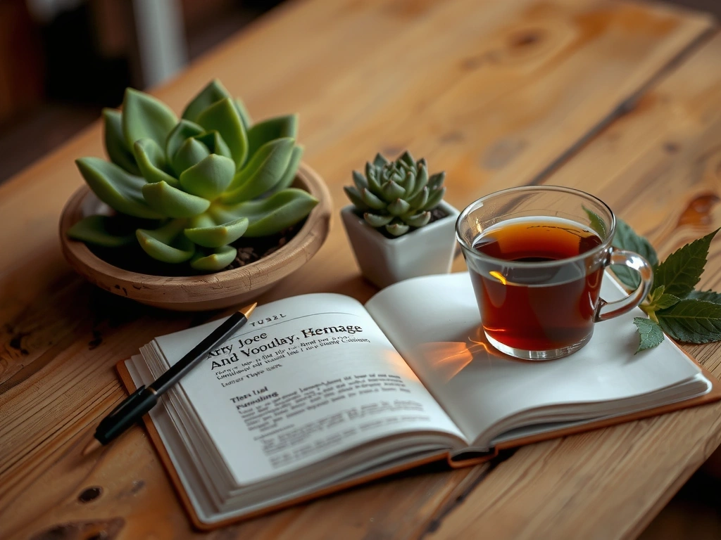 An open journal with a pen and a cup of herbal tea, surrounded by some fresh green leaves, symbolizing knowledge and relaxation.