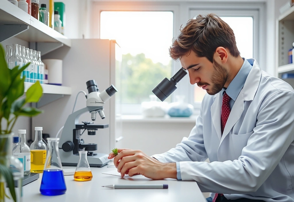 Scientist examining botanical samples in a lab