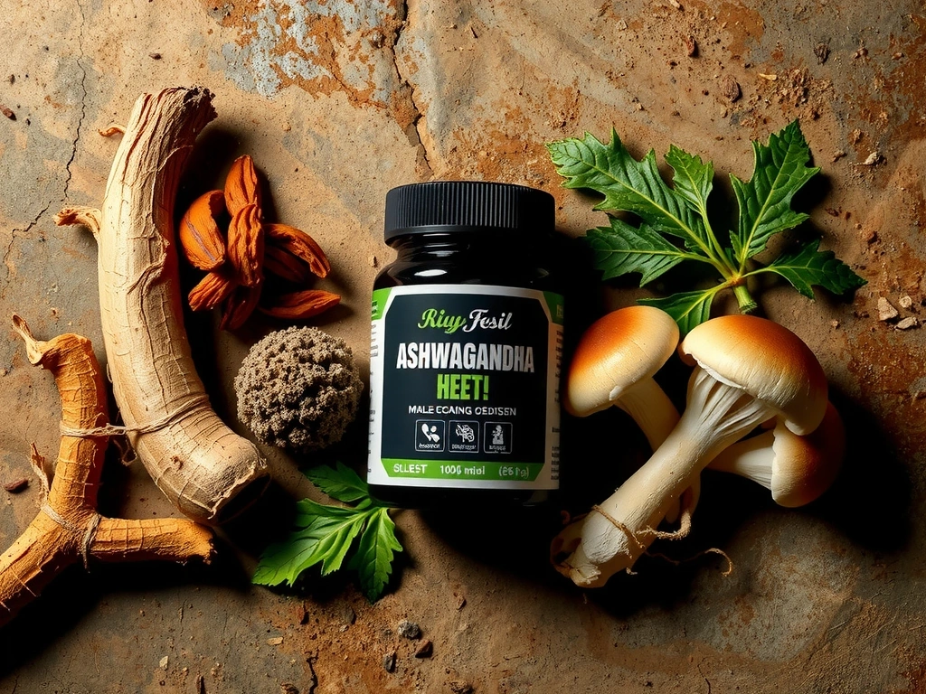 Stylized composition of male adaptogen herbs on a natural background, demonstrating vitality, premium, no text